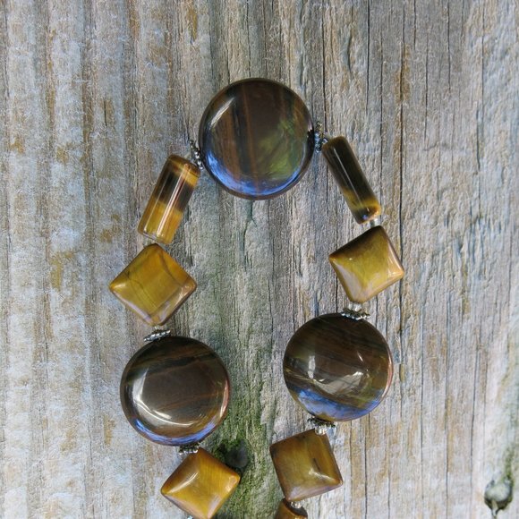 Natural Tiger's Eye Silver Bracelet, Geometric Natural Healing Stone Bracelet - Picture 5 of 6